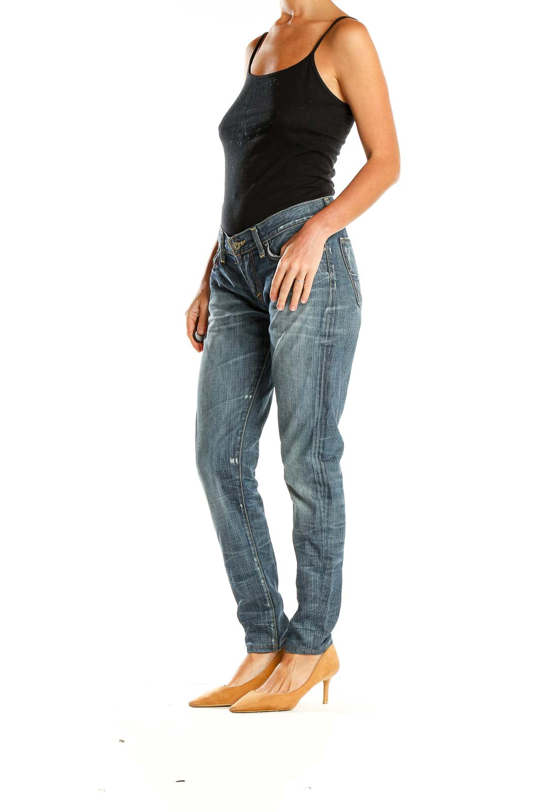 Front view of Lucky Brand blue distressed straight leg jeans on model