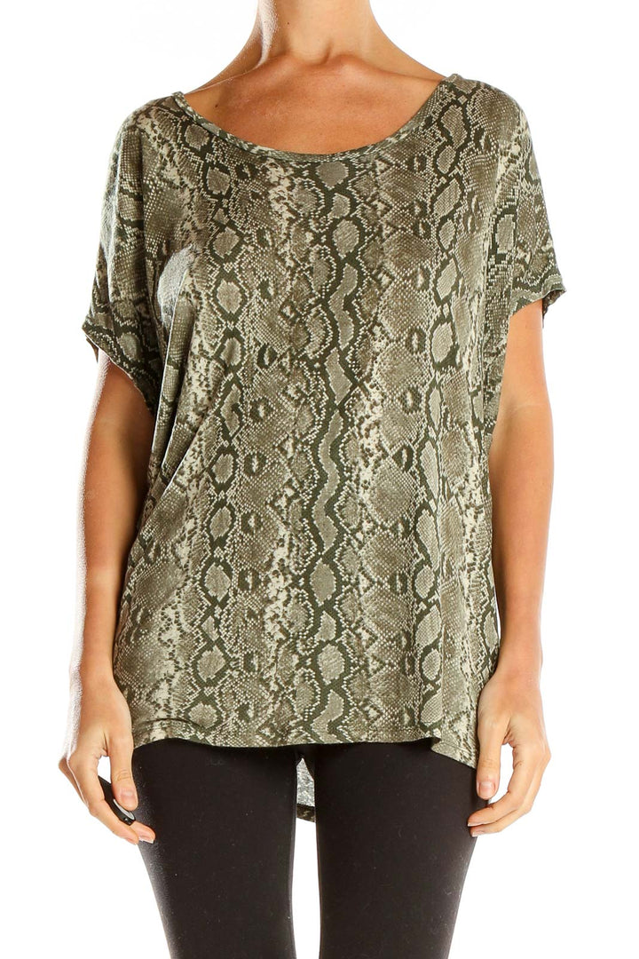 Front view of MICHAEL Michael Kors olive snake print short sleeve top