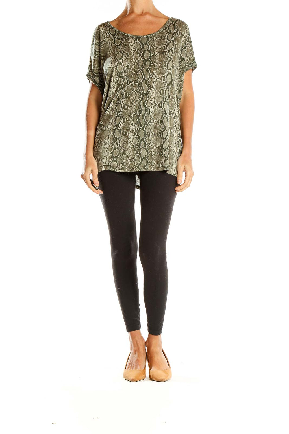 Front view of MICHAEL Michael Kors olive snake print short sleeve top