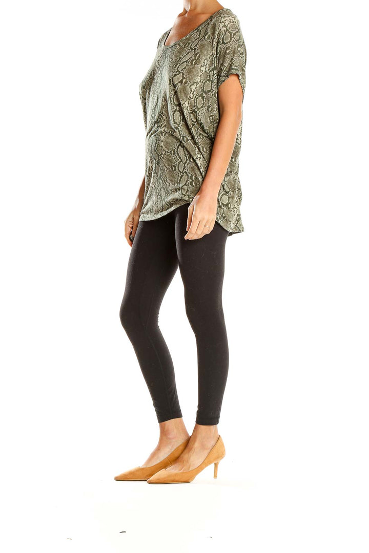 Front view of MICHAEL Michael Kors olive snake print short sleeve top