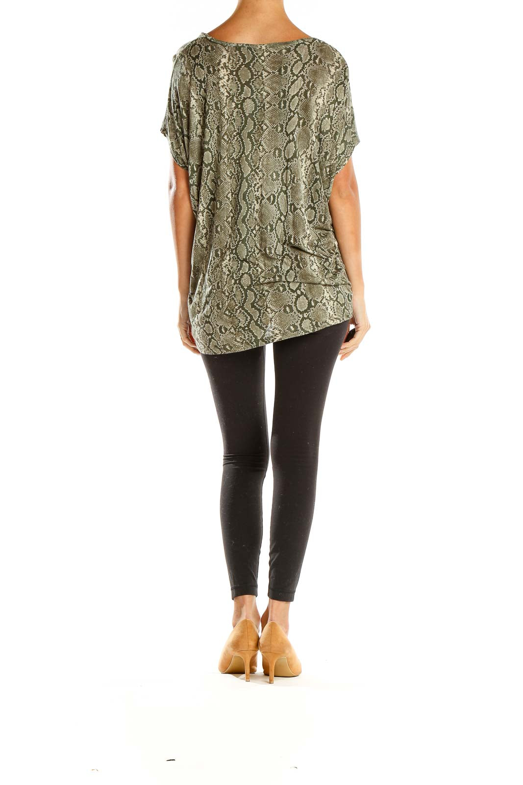 Side view of MICHAEL Michael Kors olive snake print short sleeve top on model