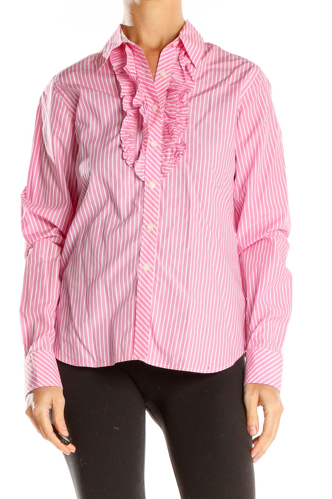 Front view of Lilly Pulitzer pink striped button-down shirt with ruffle detail