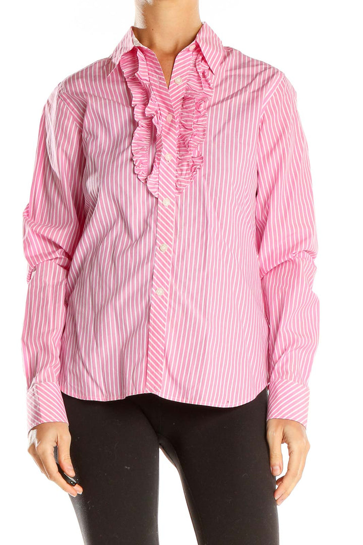Front view of Lilly Pulitzer pink striped button-down shirt with ruffle detail