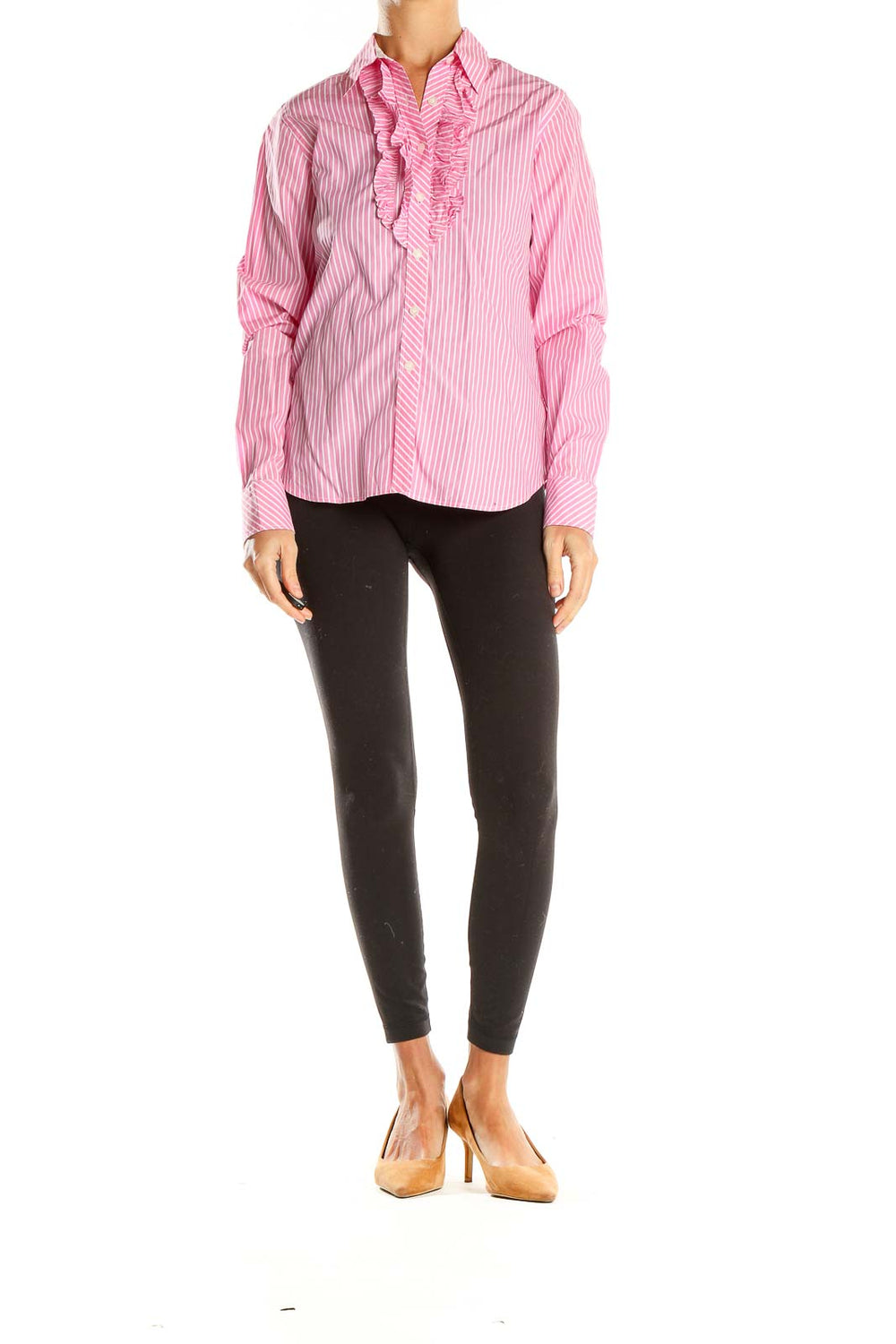 Front view of Lilly Pulitzer pink striped button-down shirt with ruffle detail