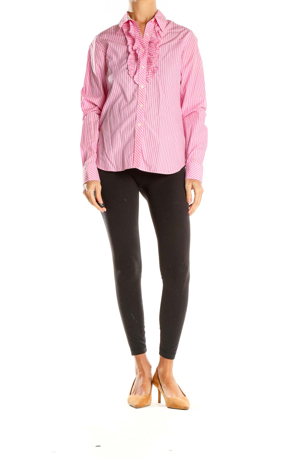 Front view of Lilly Pulitzer pink striped button-down shirt with ruffle detail