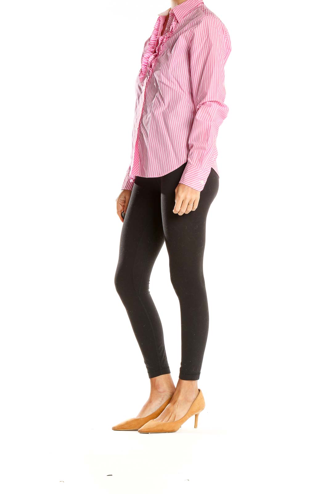 Front view of Lilly Pulitzer pink striped button-down shirt with ruffle detail