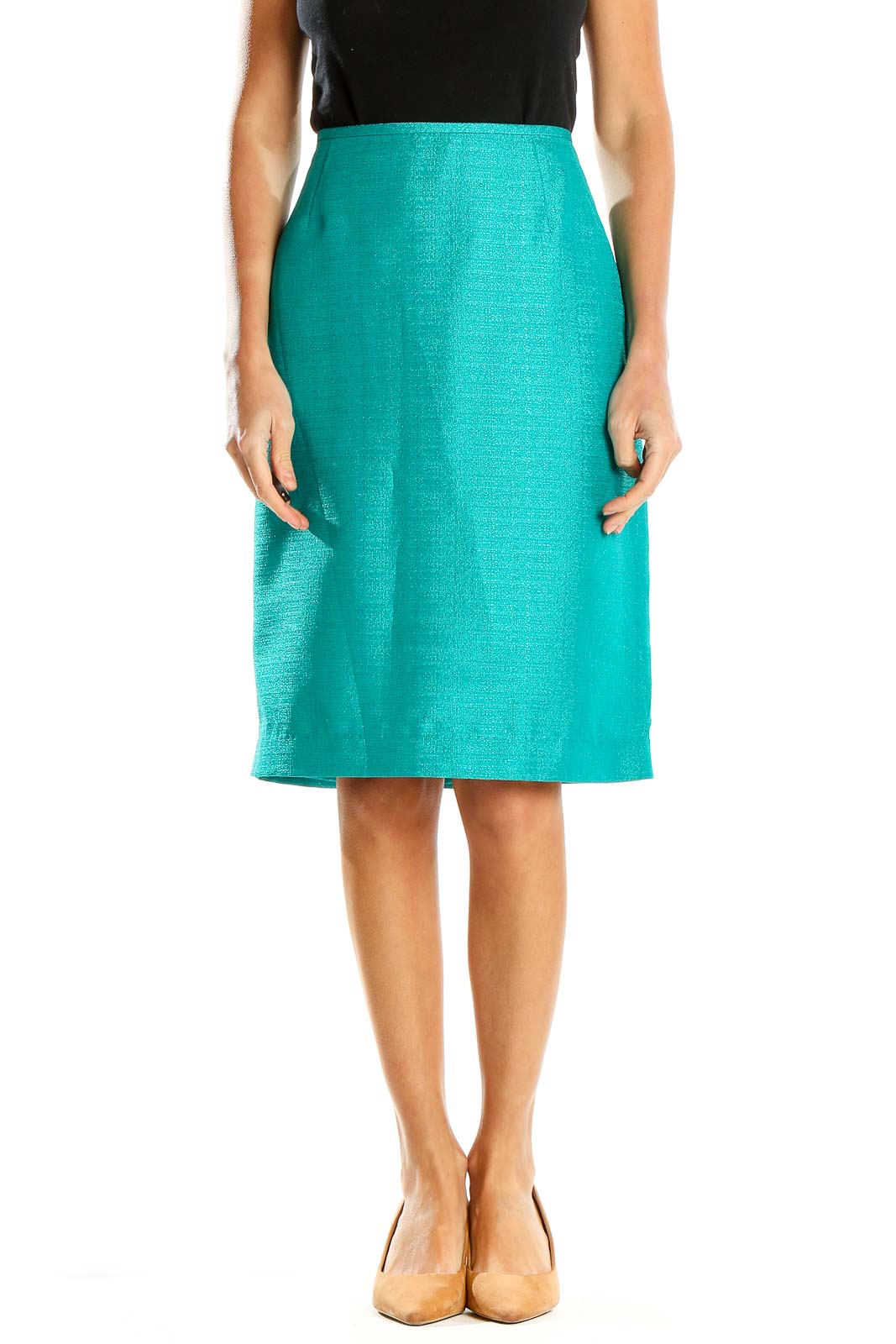 Front view of teal textured pencil skirt by Le Suit