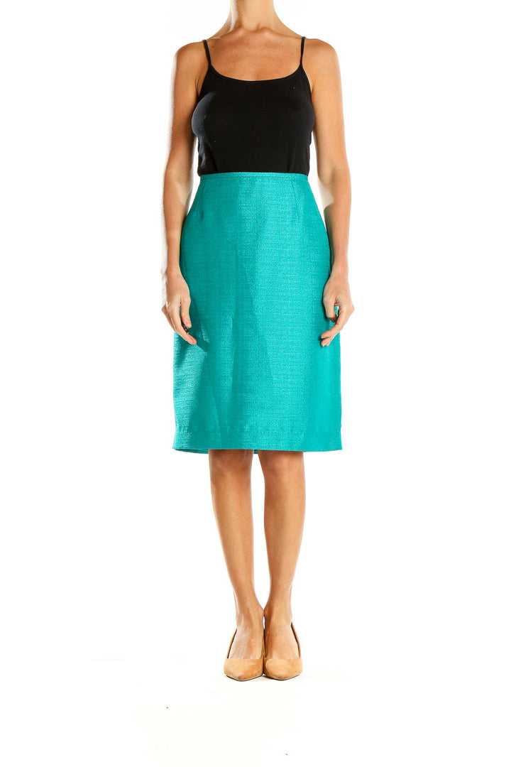 Front view of teal textured pencil skirt by Le Suit