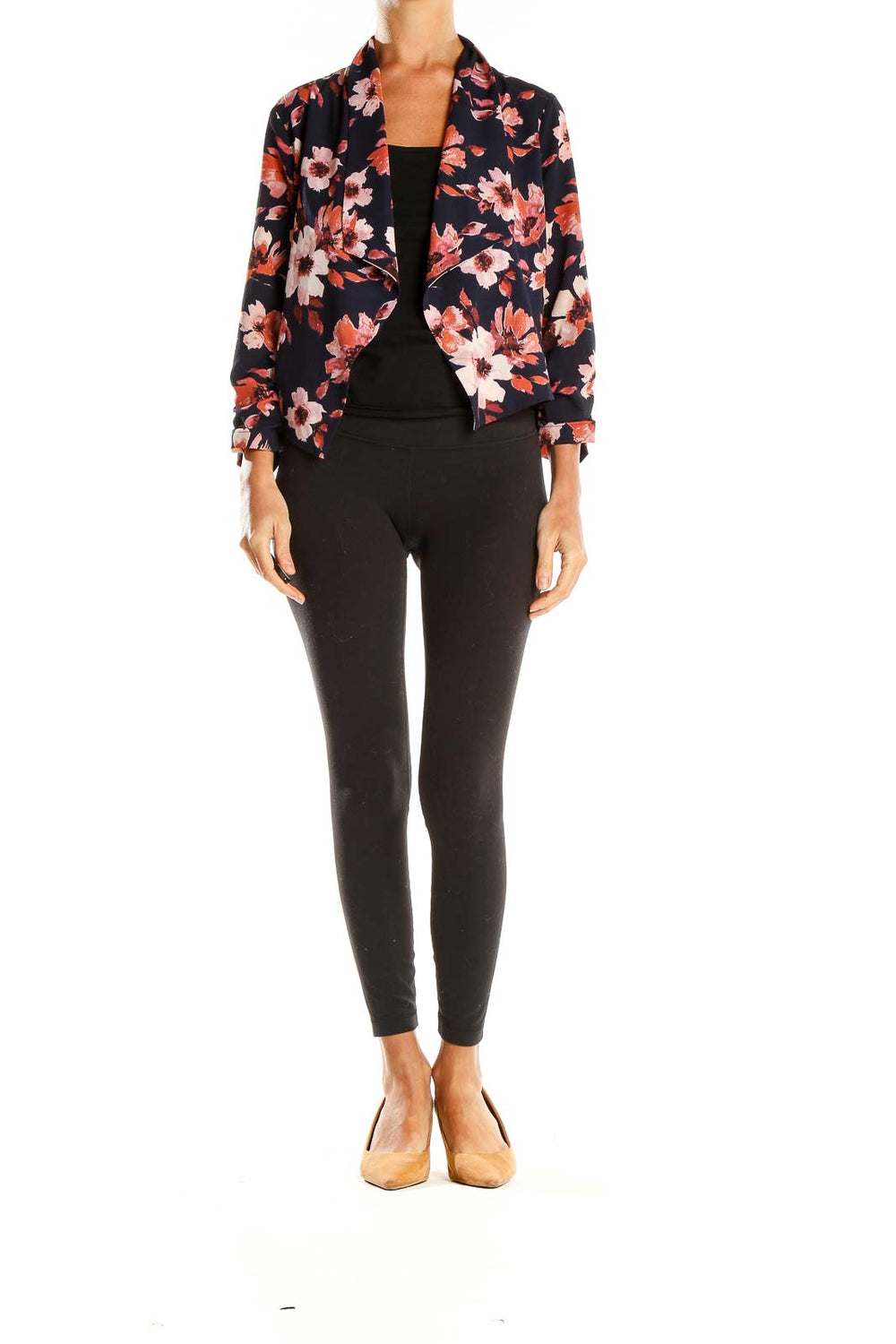 Front view of Iris Navy Floral Print Cropped Jacket on model
