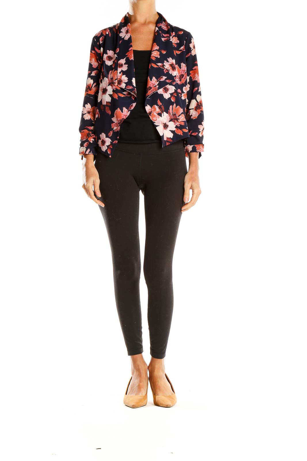 Front view of Iris Navy Floral Print Cropped Jacket on model