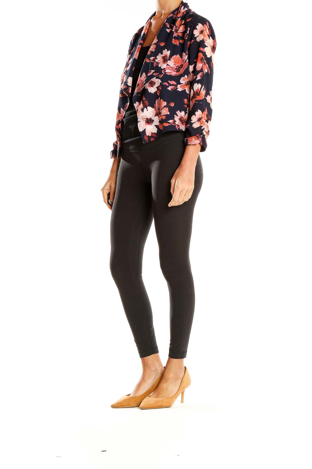 Front view of Iris Navy Floral Print Cropped Jacket on model