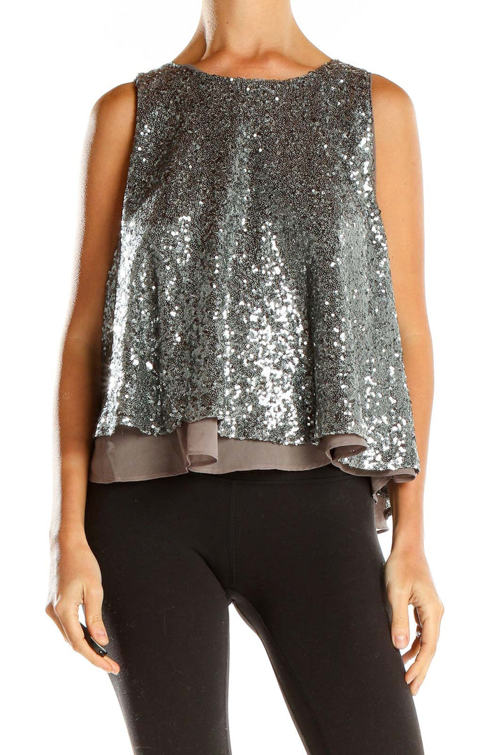 Front view of Sunday in Brooklyn silver sequin sleeveless swing top