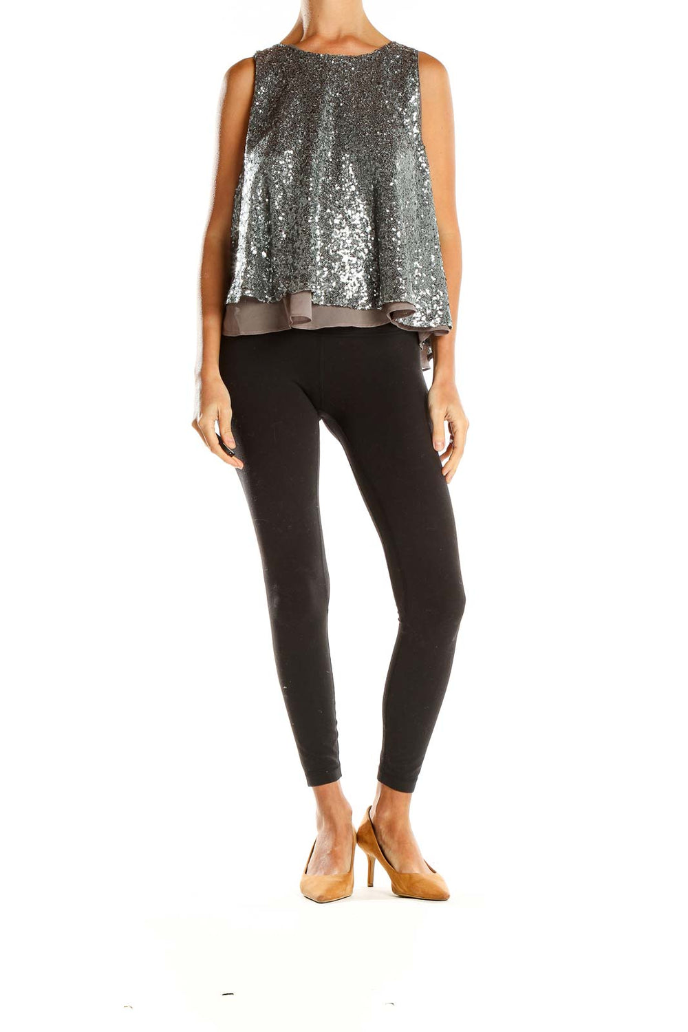 Front view of Sunday in Brooklyn silver sequin sleeveless swing top