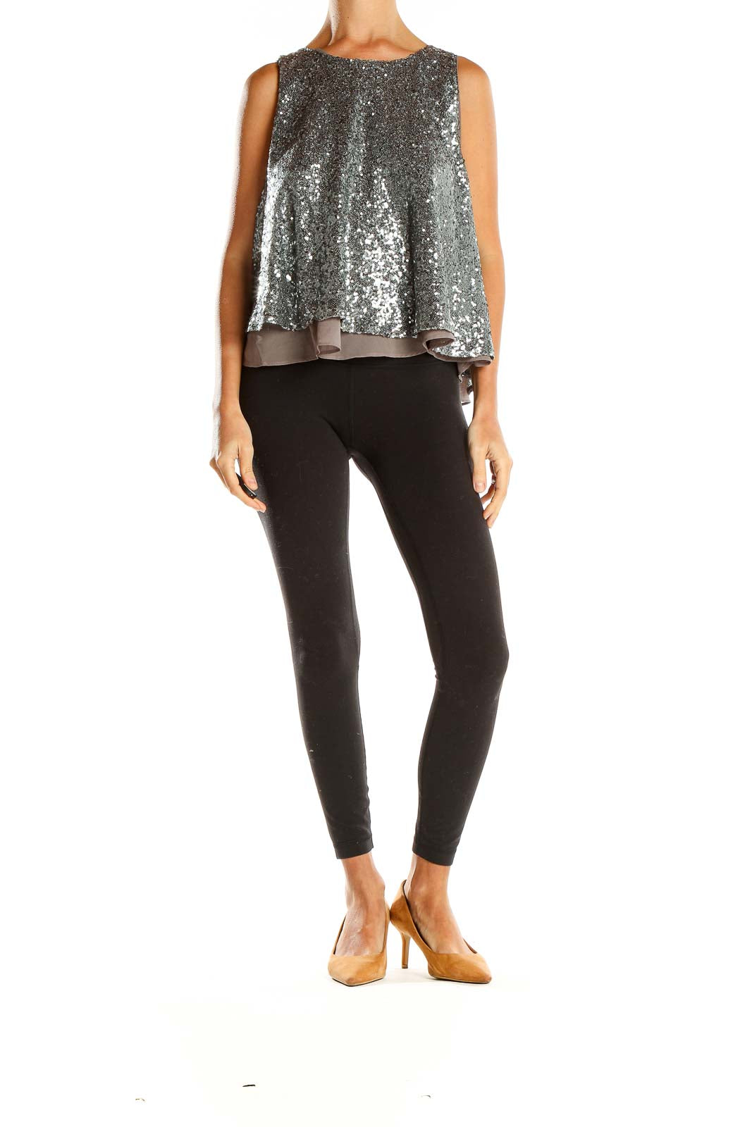 Front view of Sunday in Brooklyn silver sequin sleeveless swing top