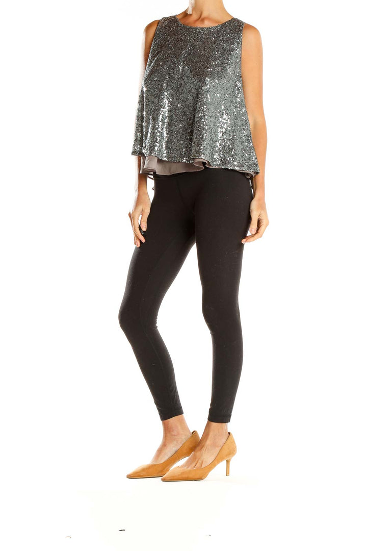 Front view of Sunday in Brooklyn silver sequin sleeveless swing top