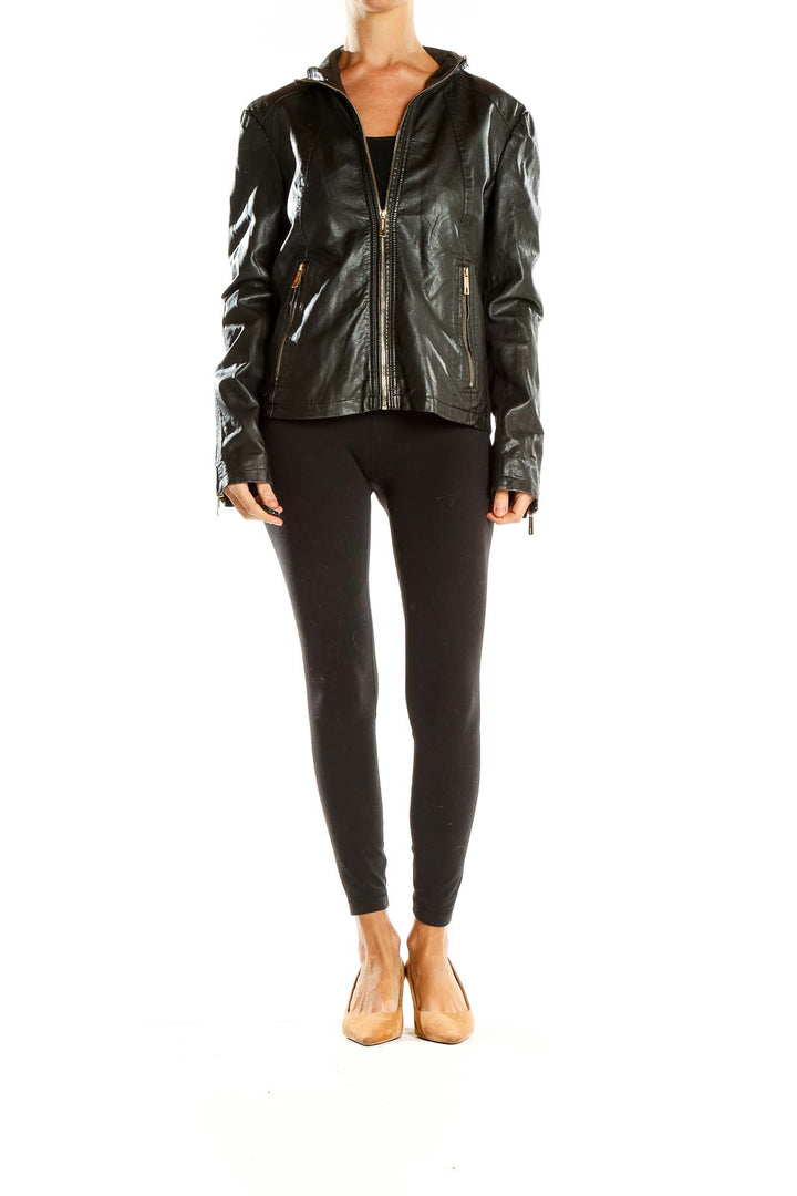 Front view of Kenneth Cole Reaction black leather moto jacket with zip-up closure