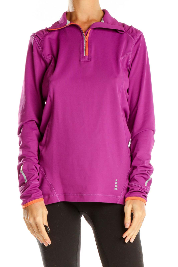 Front view of purple Lands' End half-zip athletic top with orange zipper