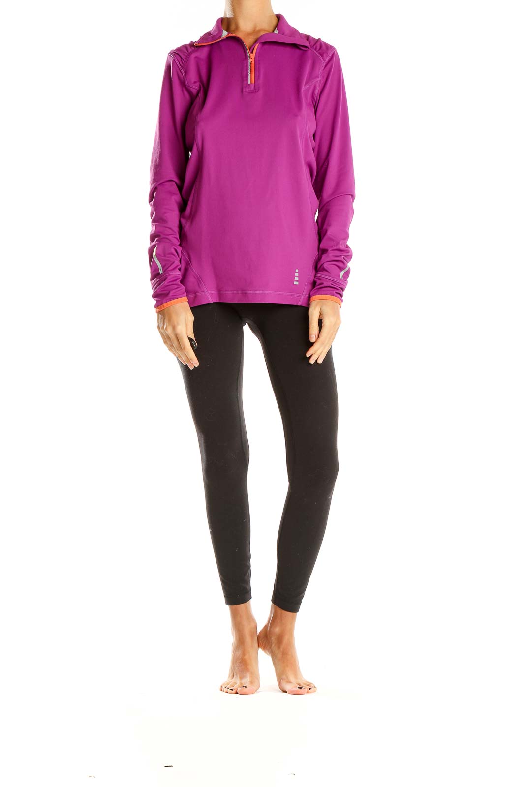 Front view of purple Lands' End half-zip athletic top with orange zipper