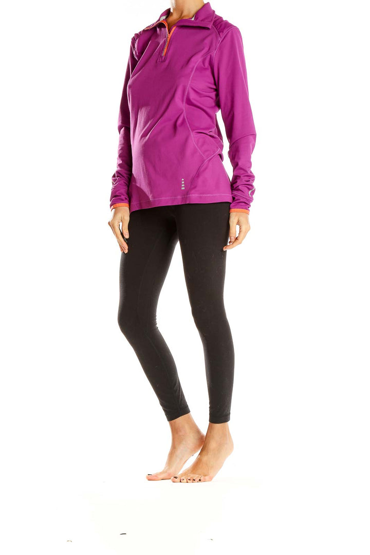 Front view of purple Lands' End half-zip athletic top with orange zipper