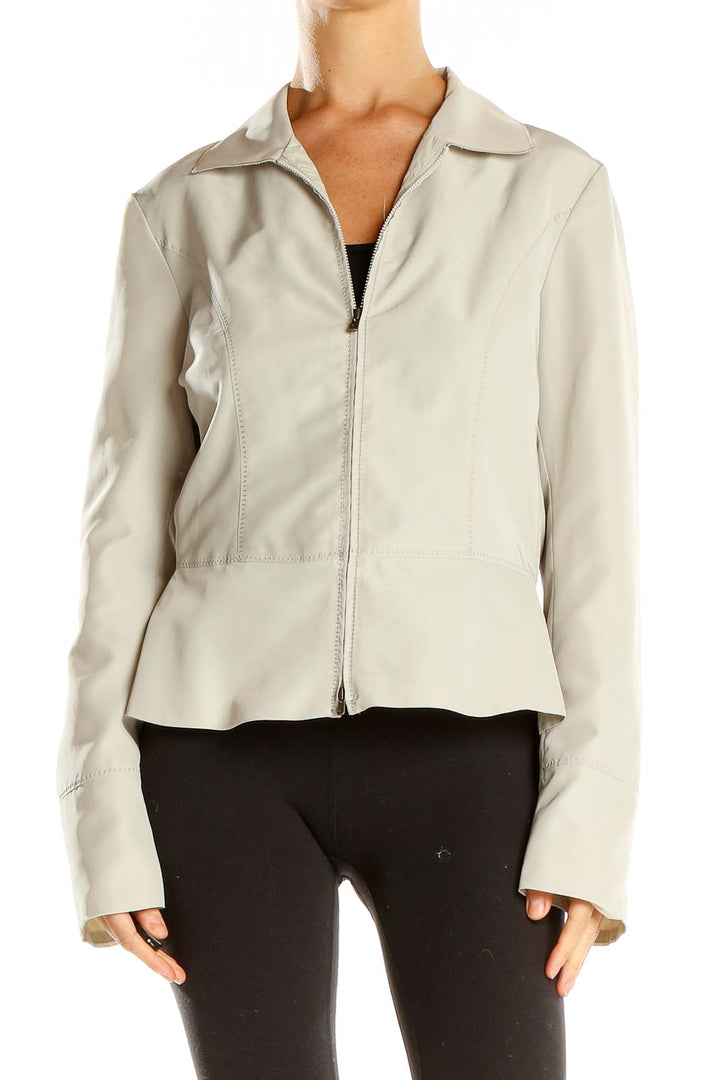 Front view of Armani Collezioni beige zip-up fitted jacket