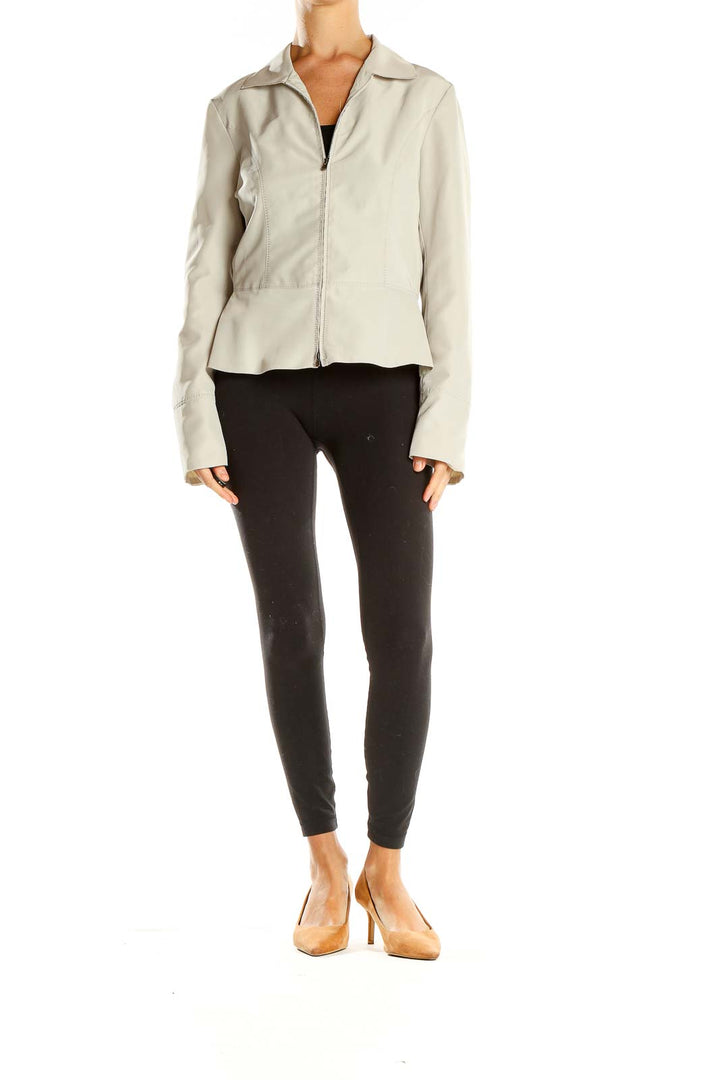 Front view of Armani Collezioni beige zip-up fitted jacket
