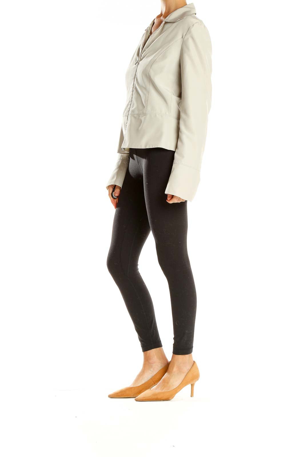 Front view of Armani Collezioni beige zip-up fitted jacket