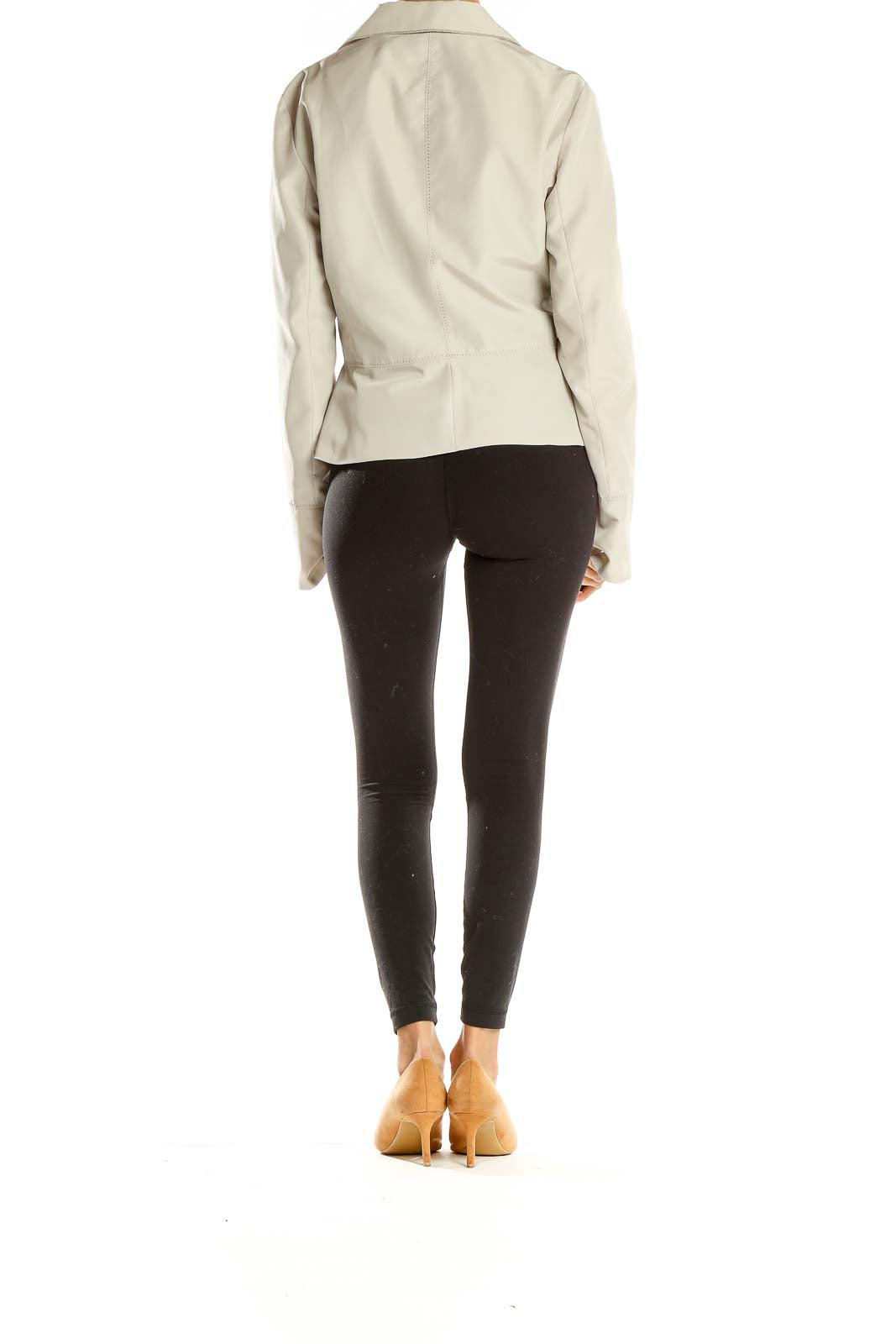 Side view of Armani Collezioni beige zip-up fitted jacket on model
