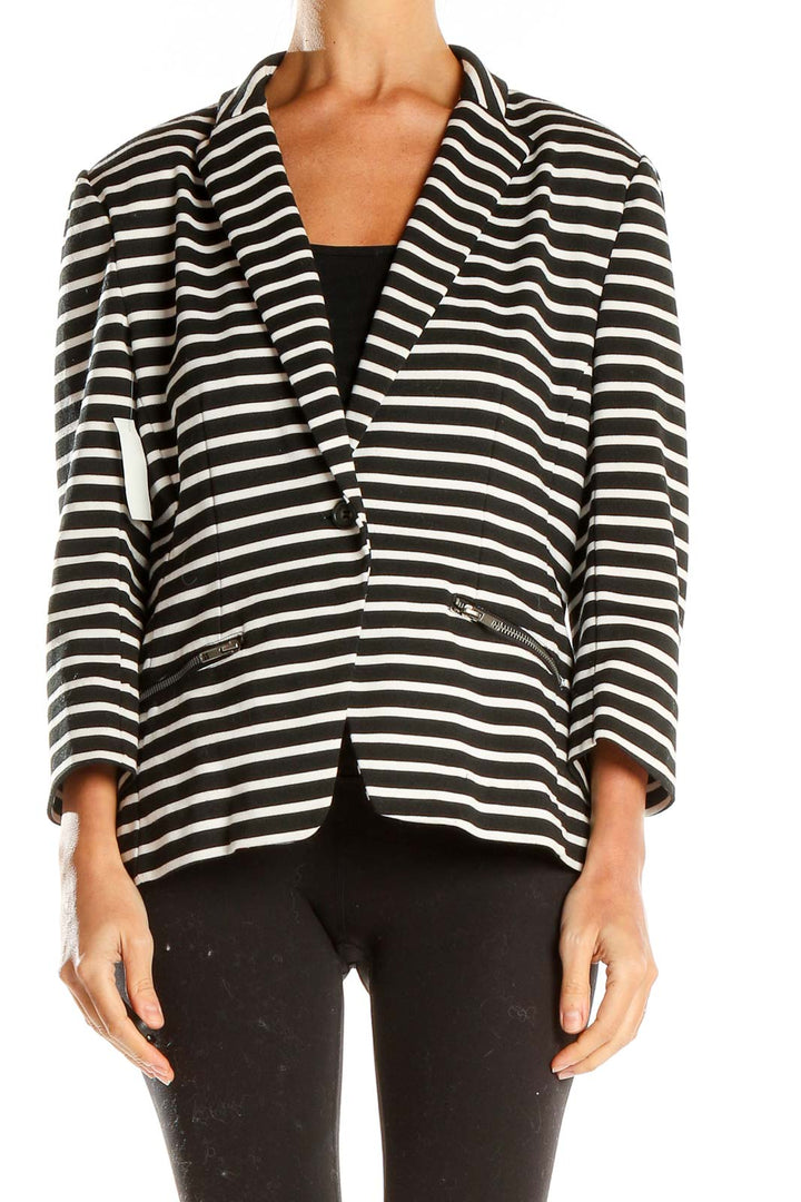 Front view of Black and White Striped Blazer by Christian Siriano New York