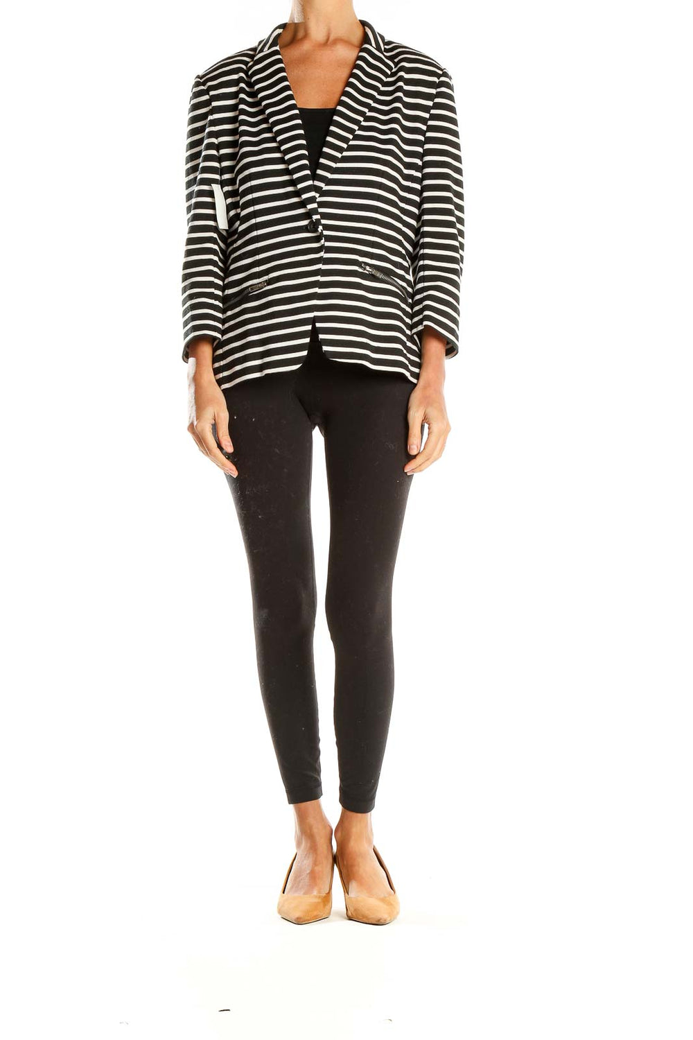 Front view of Black and White Striped Blazer by Christian Siriano New York