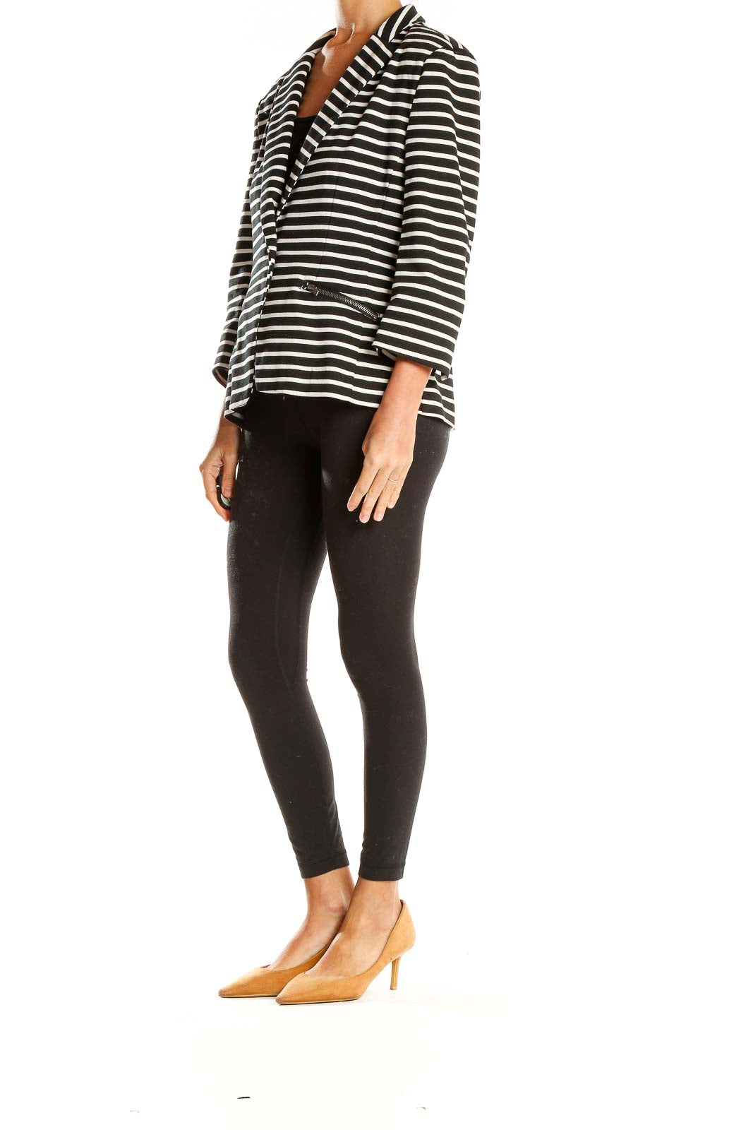Front view of Black and White Striped Blazer by Christian Siriano New York