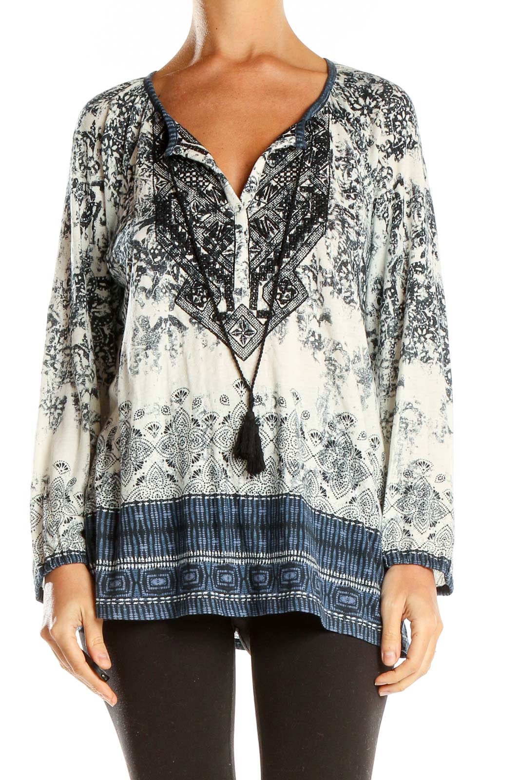 Front view of Lucky Brand blue and white printed boho tunic top