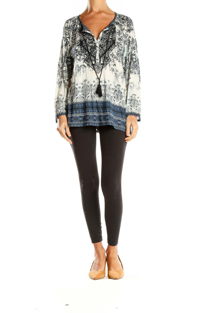 Front view of Lucky Brand blue and white printed boho tunic top
