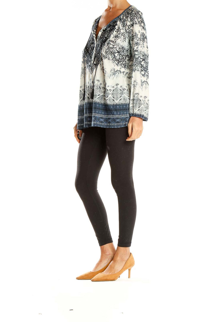 Front view of Lucky Brand blue and white printed boho tunic top