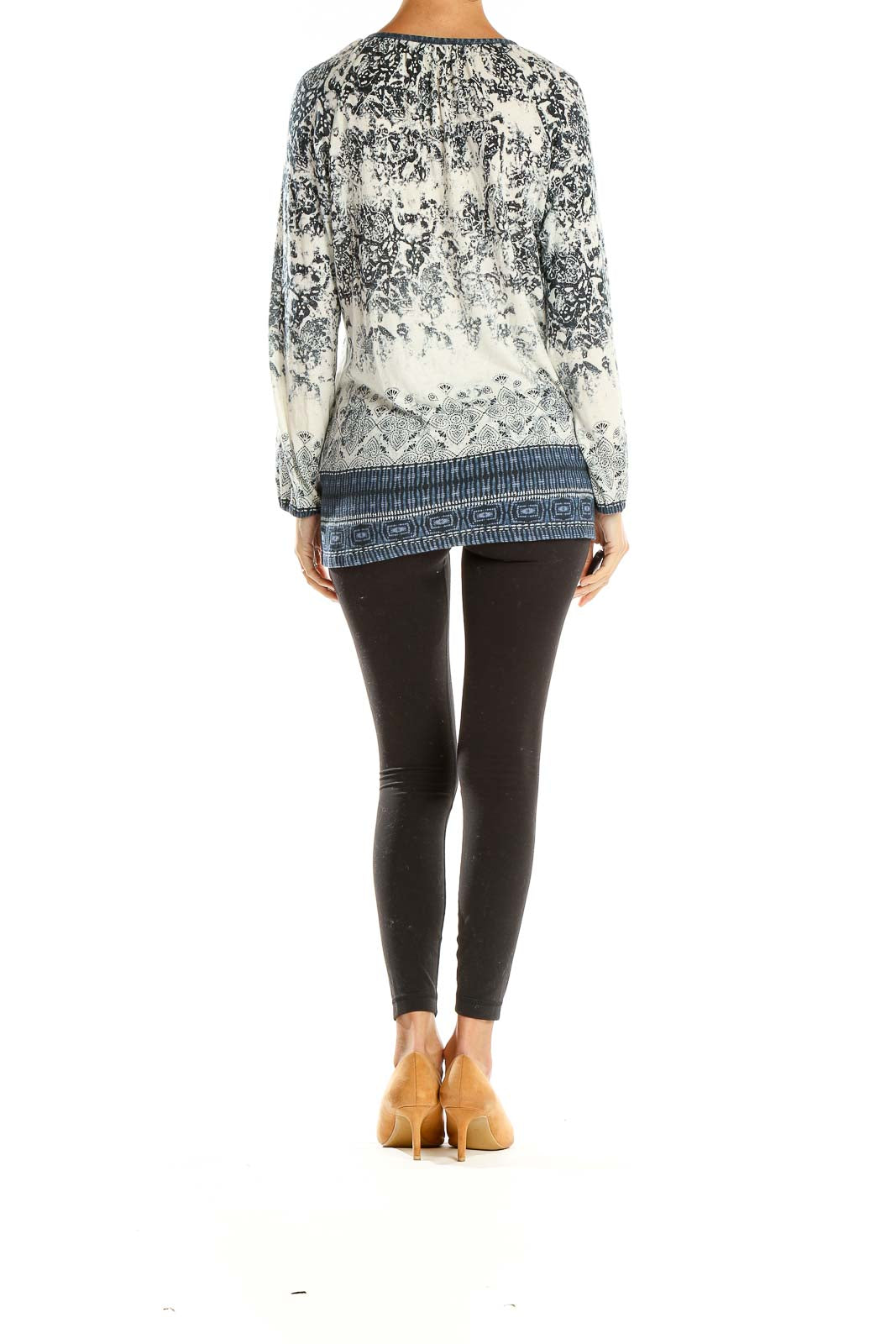 Side view of Lucky Brand blue and white printed boho tunic top on model