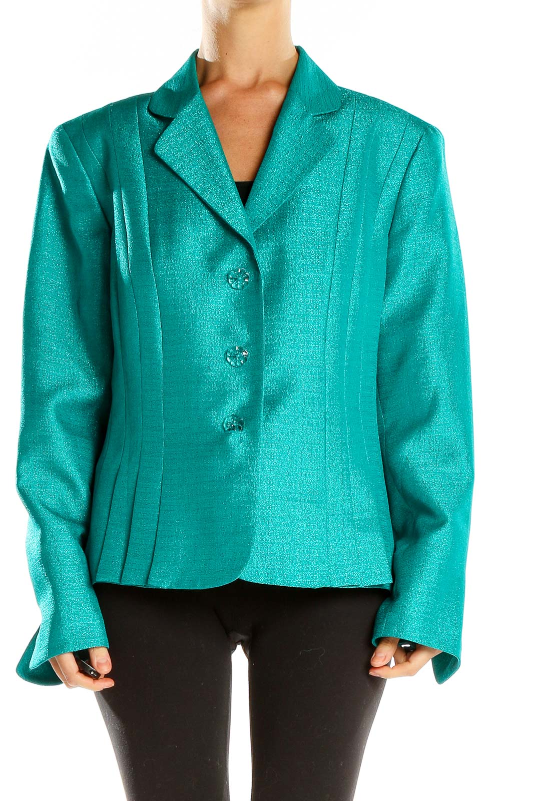 Front view of teal Le Suit blazer jacket with three-button closure