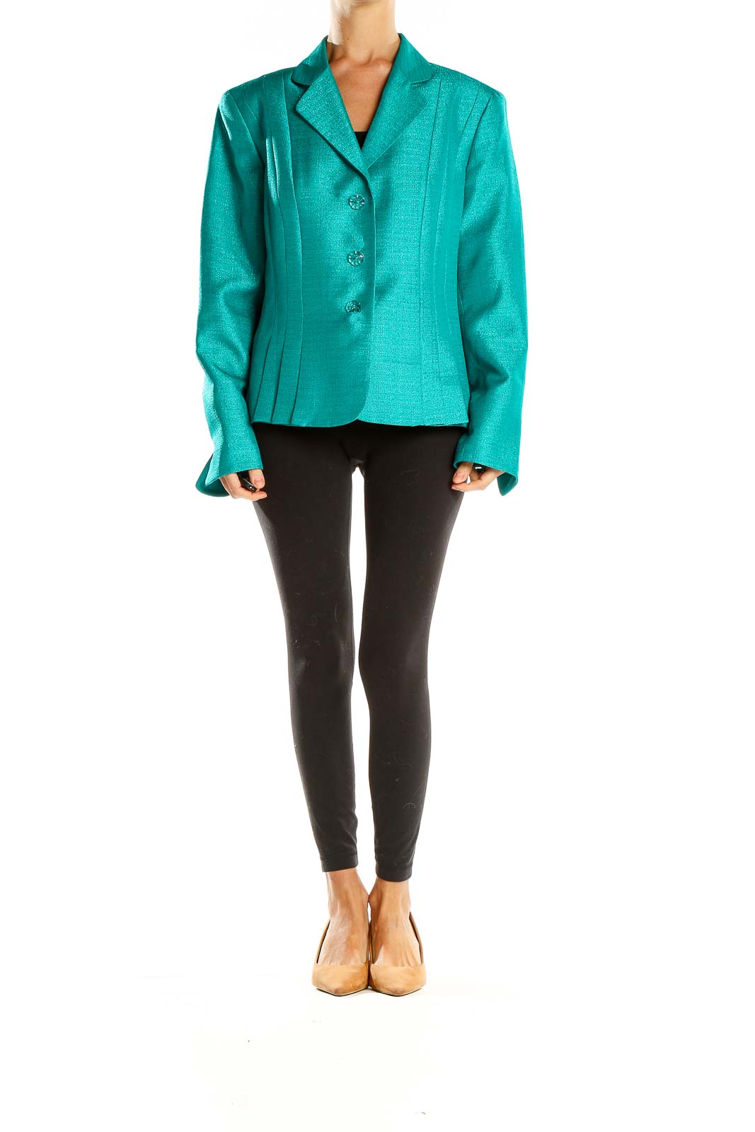 Front view of teal Le Suit blazer jacket with three-button closure