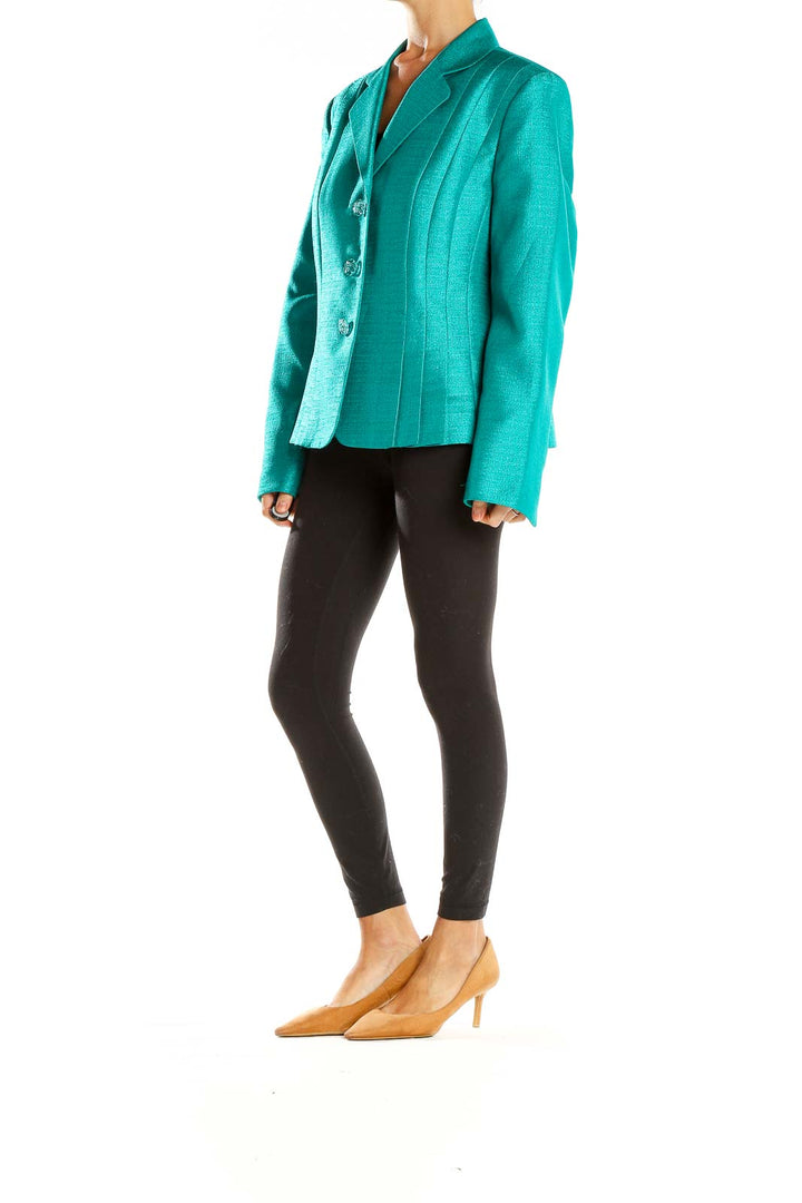 Front view of teal Le Suit blazer jacket with three-button closure