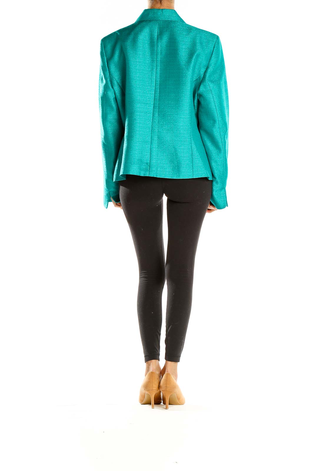 Back view of teal Le Suit blazer jacket showing tailored fit