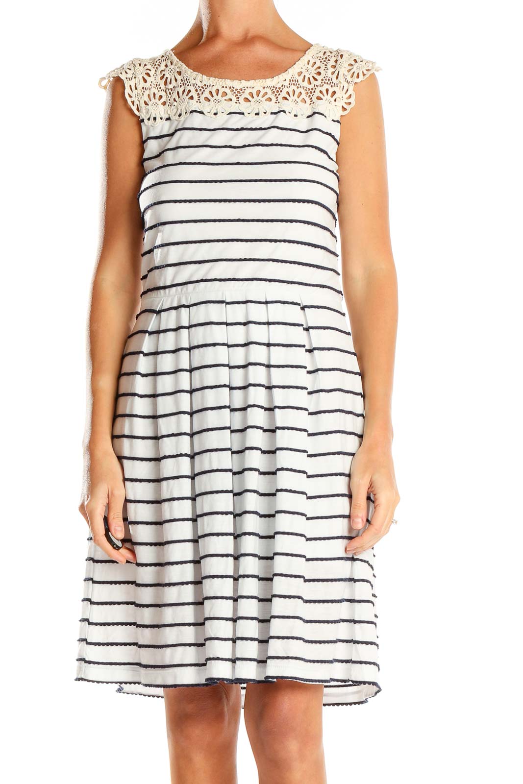 Front view of Bordeaux white and navy striped dress with lace yoke