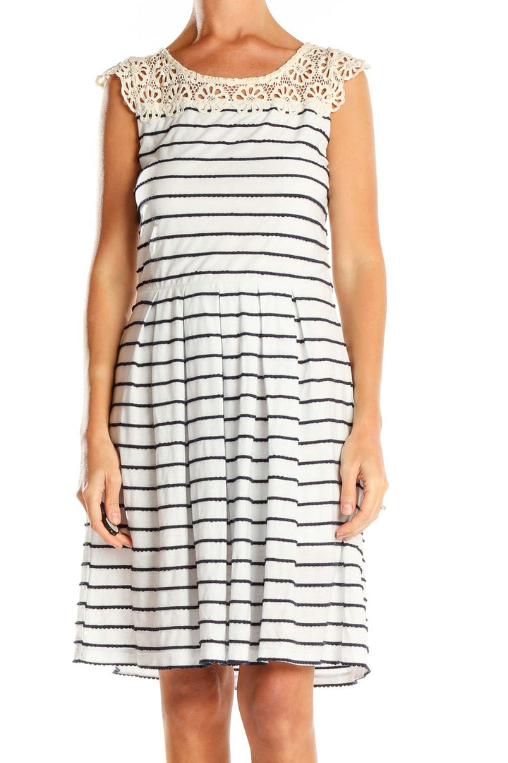 Front view of Bordeaux white and navy striped dress with lace yoke
