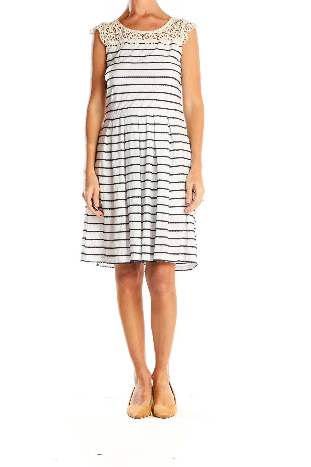 Front view of Bordeaux white and navy striped dress with lace yoke