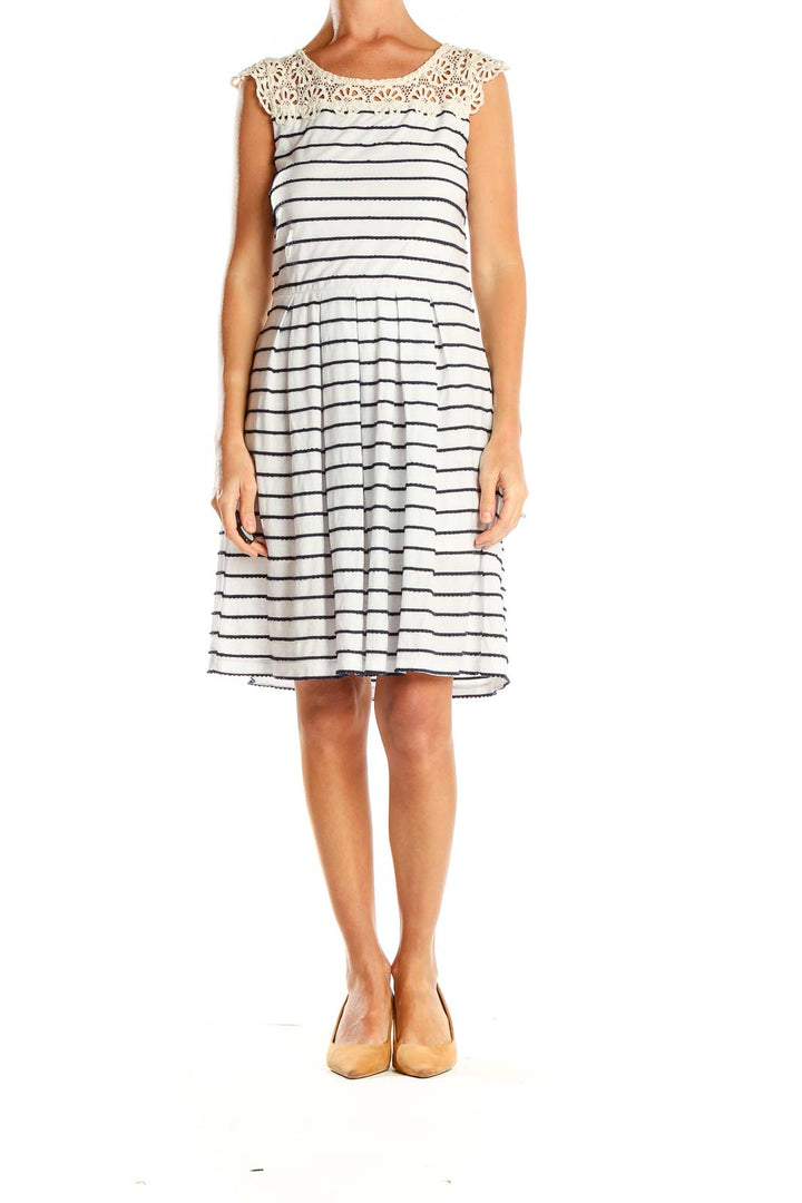 Front view of Bordeaux white and navy striped dress with lace yoke