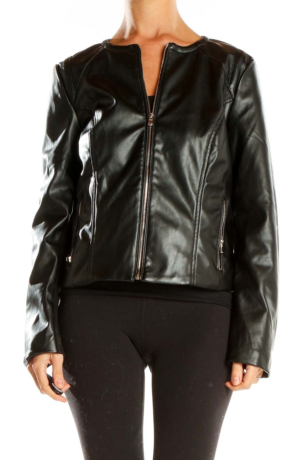 Front view of Premise Studio black faux leather zip-up jacket