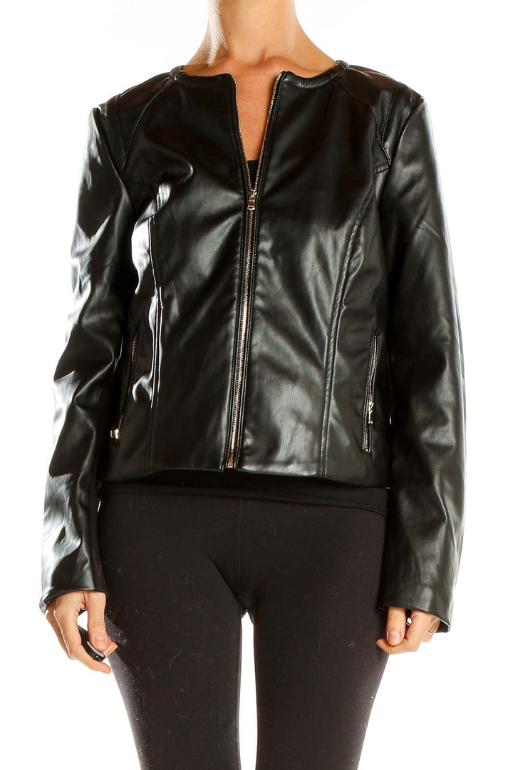 Front view of Premise Studio black faux leather zip-up jacket
