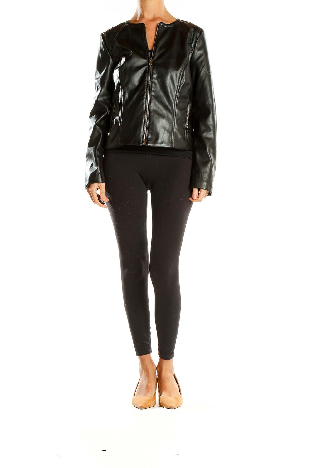 Front view of Premise Studio black faux leather zip-up jacket