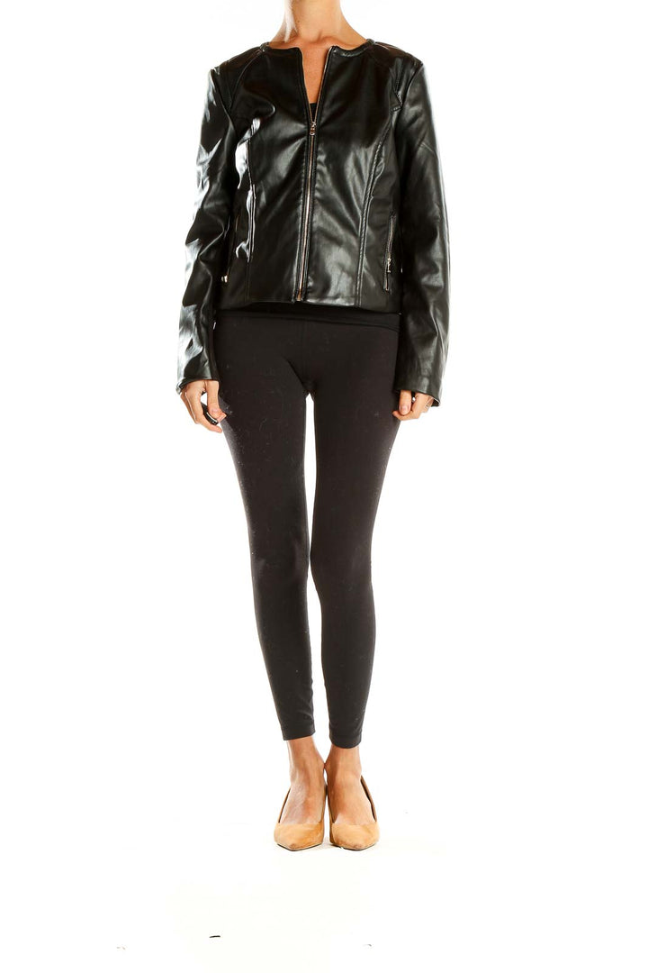 Front view of Premise Studio black faux leather zip-up jacket