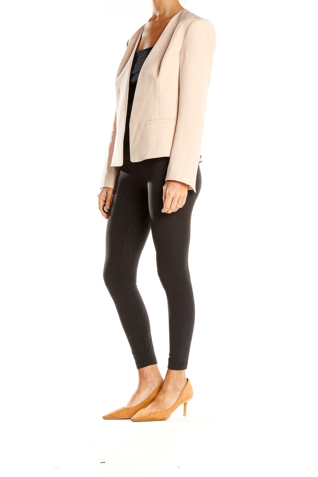 Front view of blush Halogen open-front blazer on model