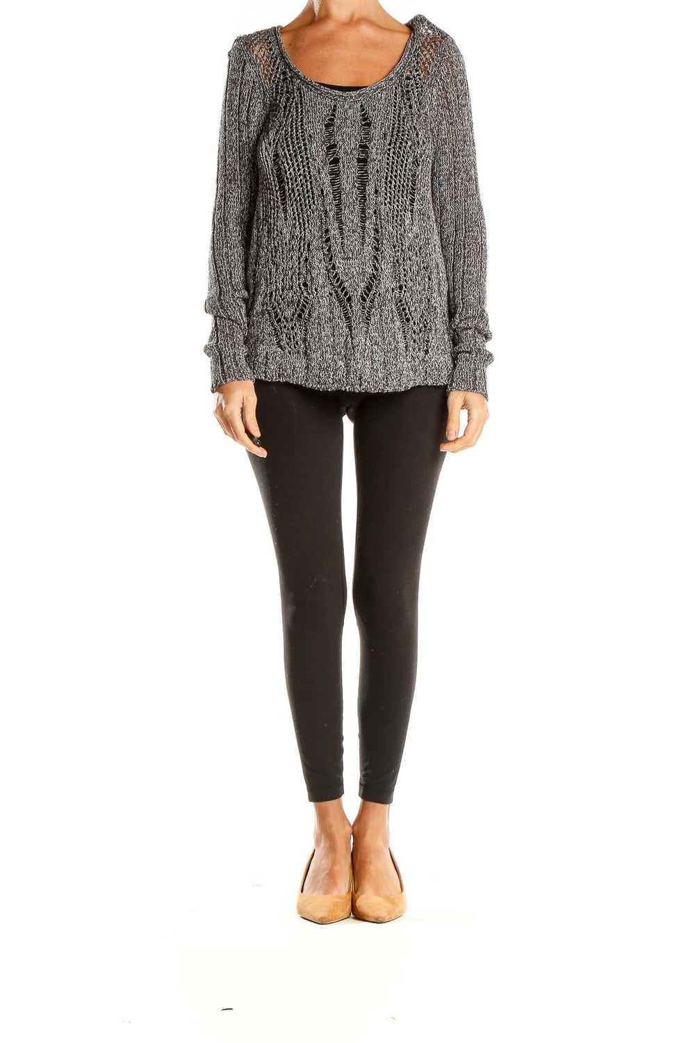 Front view of gray open-knit sweater by Simply Vera Vera Wang