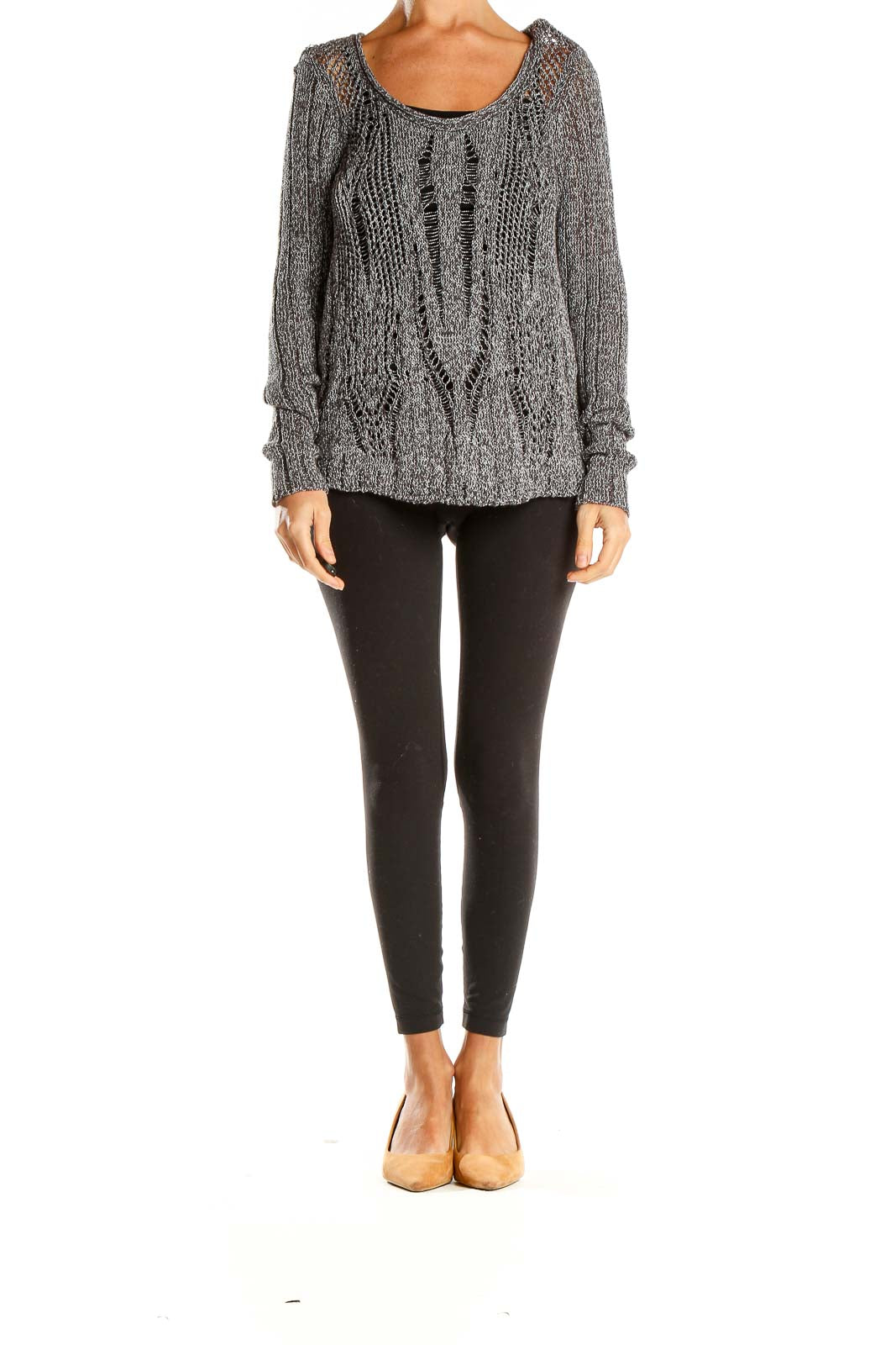 Front view of gray open-knit sweater by Simply Vera Vera Wang