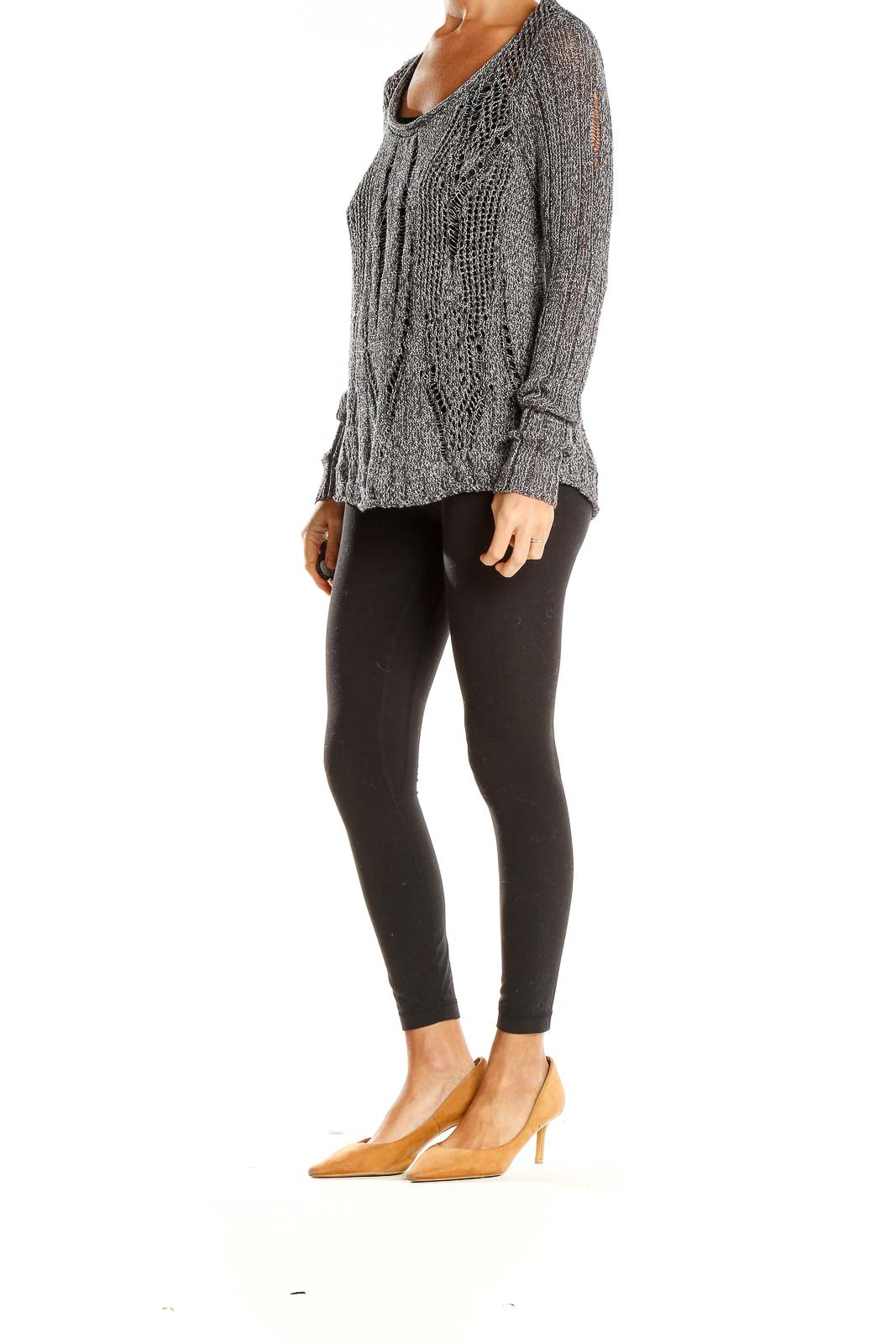 Front view of gray open-knit sweater by Simply Vera Vera Wang